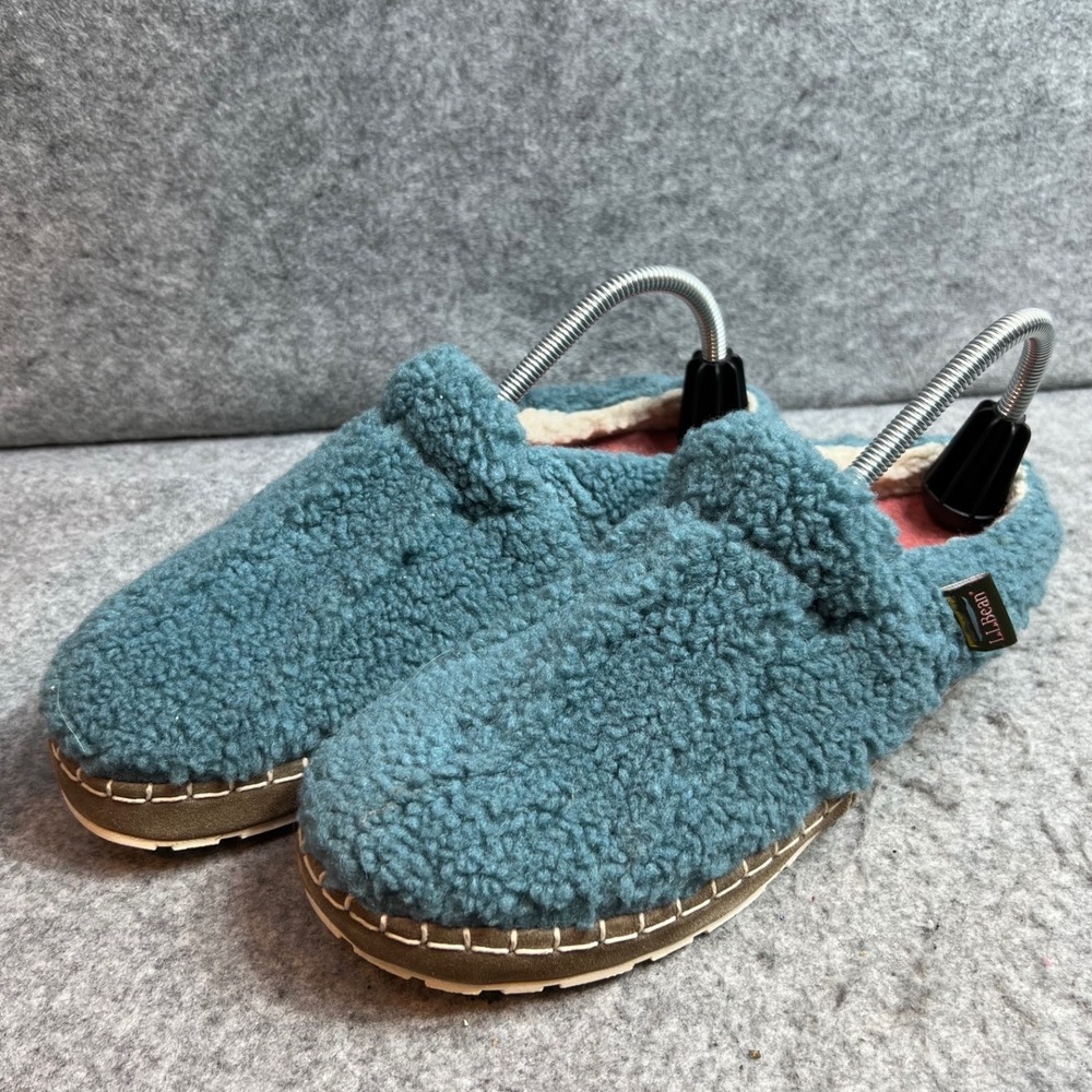 LL Bean Mountain Lodge Slippers Blue Sherpa Fleece Scuff Mules Womens Size 10
